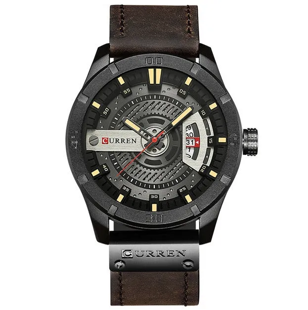 CURREN men's military sports watch with black shell case and brown leather band, 45mm dial showing date