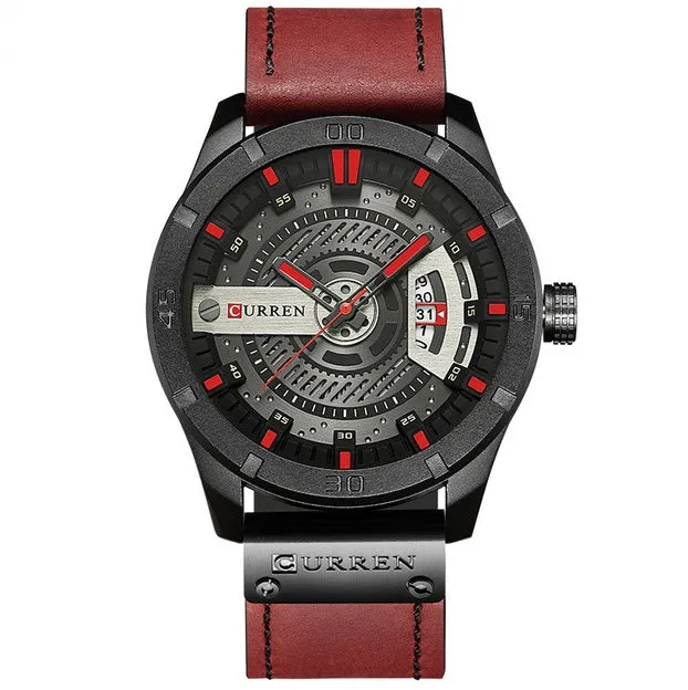 CURREN men's military sports watch with black shell case and brown leather band, 45mm dial showing date