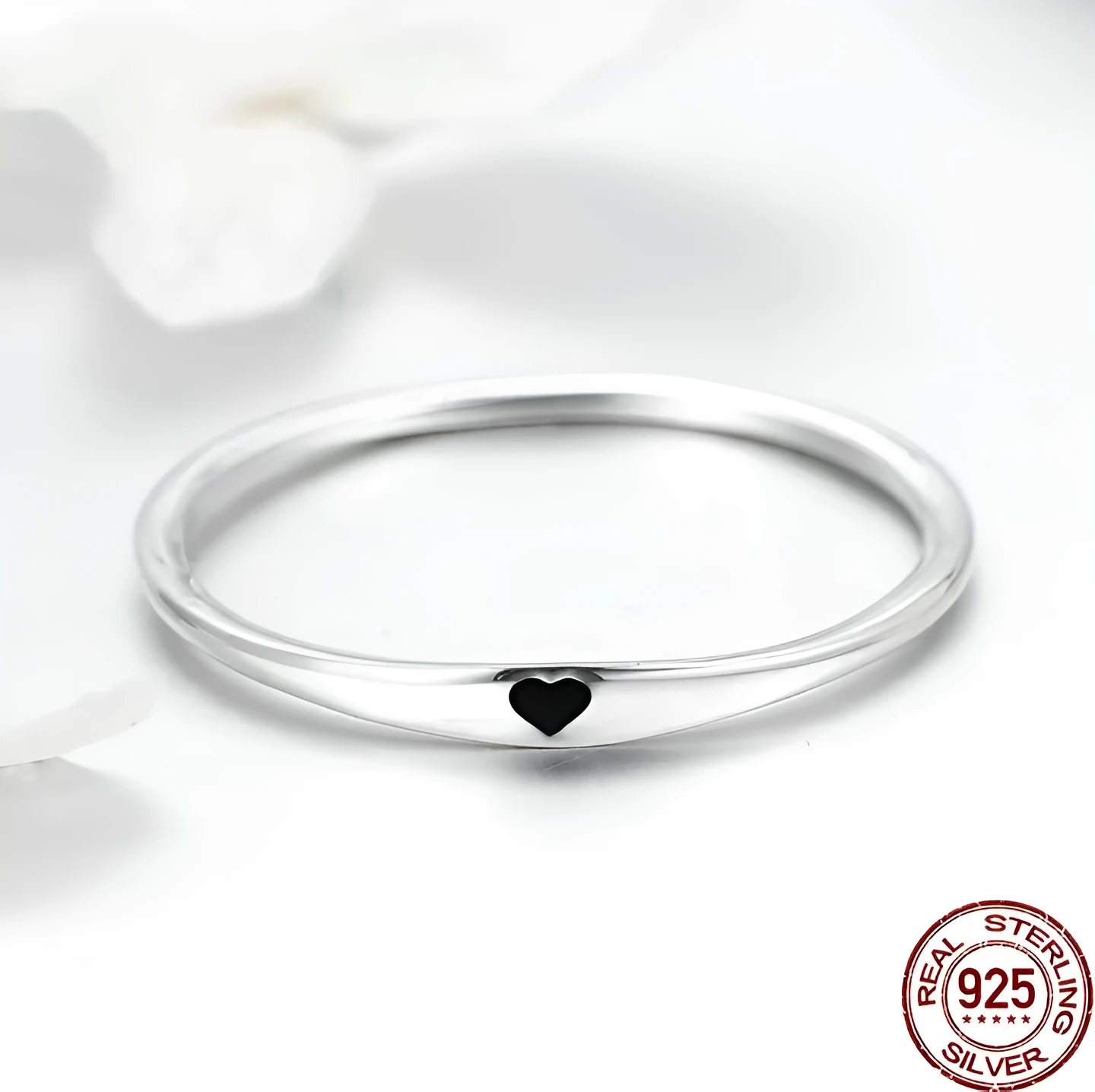 925 sterling silver round circle ring with heart engrave and enamel finish on white background