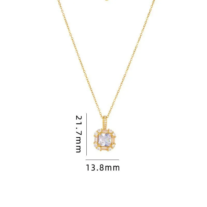 Women's gold geometric clavicle chain with quadrilateral pendant and gemstone inlay on water wave chain