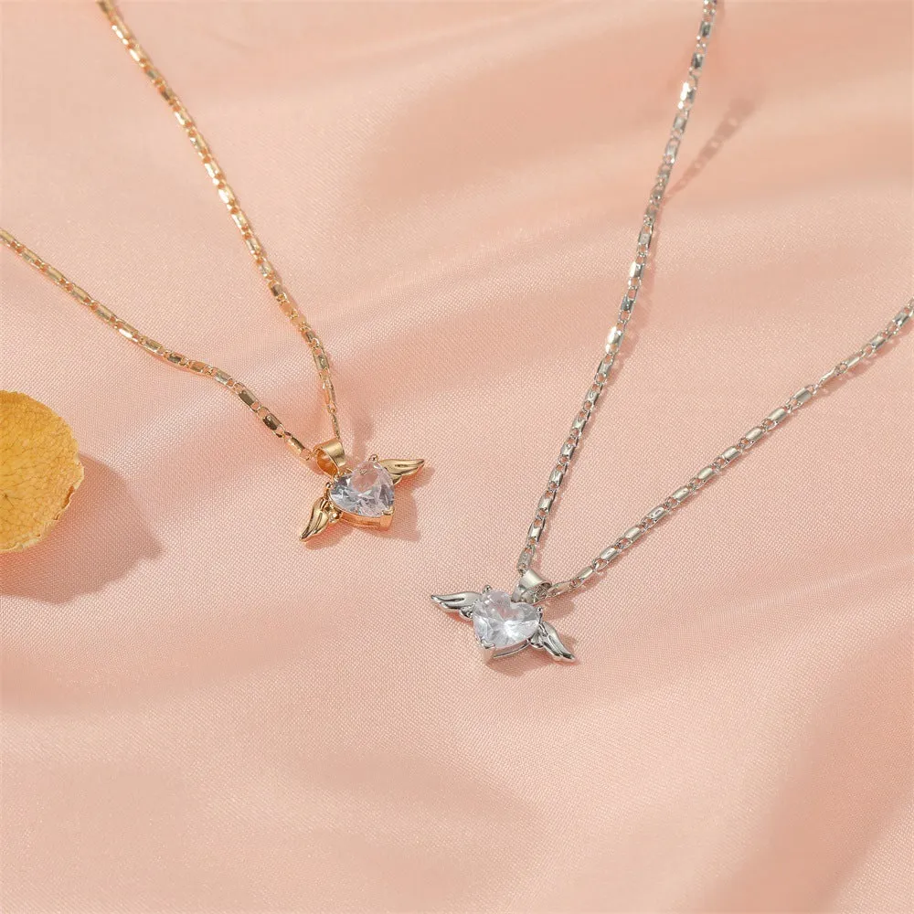Heart wings necklace for women, copper pendant in gold finish, love themed jewellery