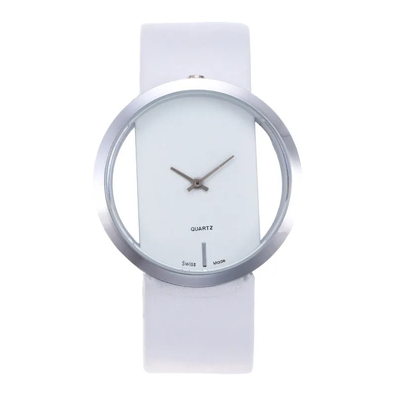 Unisex leather quartz wrist watch with black strap and glass dial