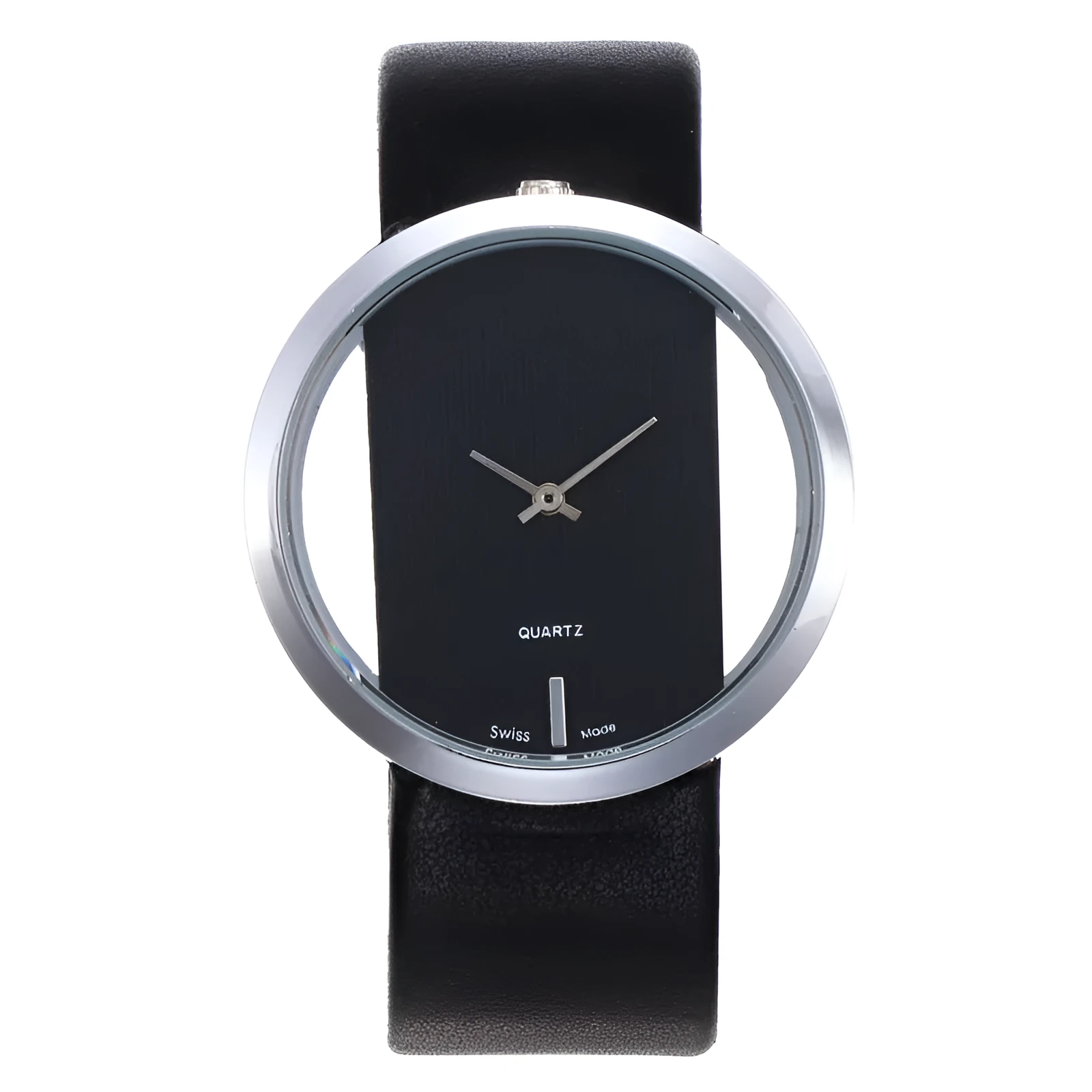 Unisex leather quartz wrist watch with black strap and glass dial