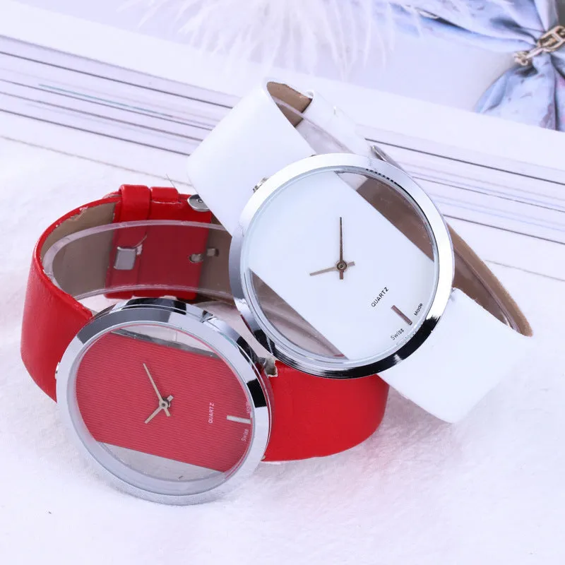 Unisex leather quartz wrist watch with black strap and glass dial