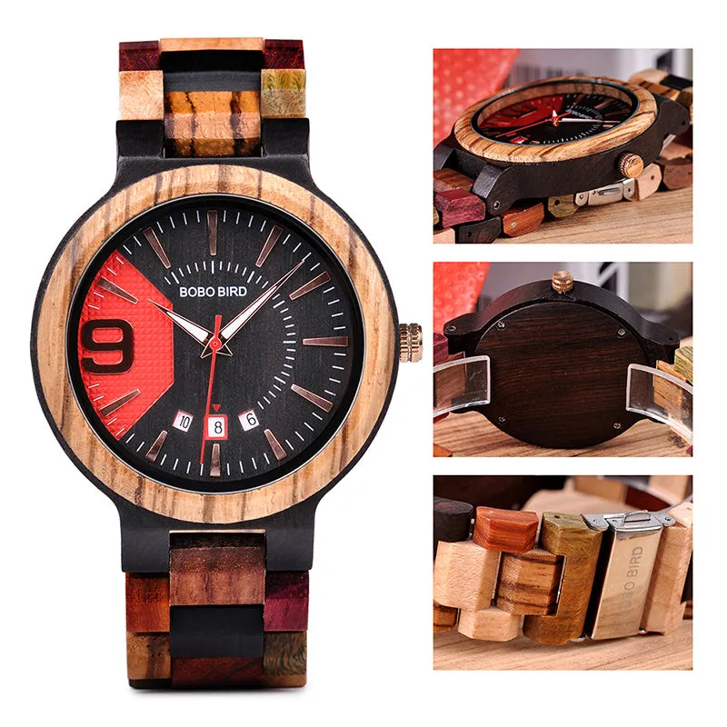 BOBO BIRD Q13 men's wooden watch black red natural wood case 44mm