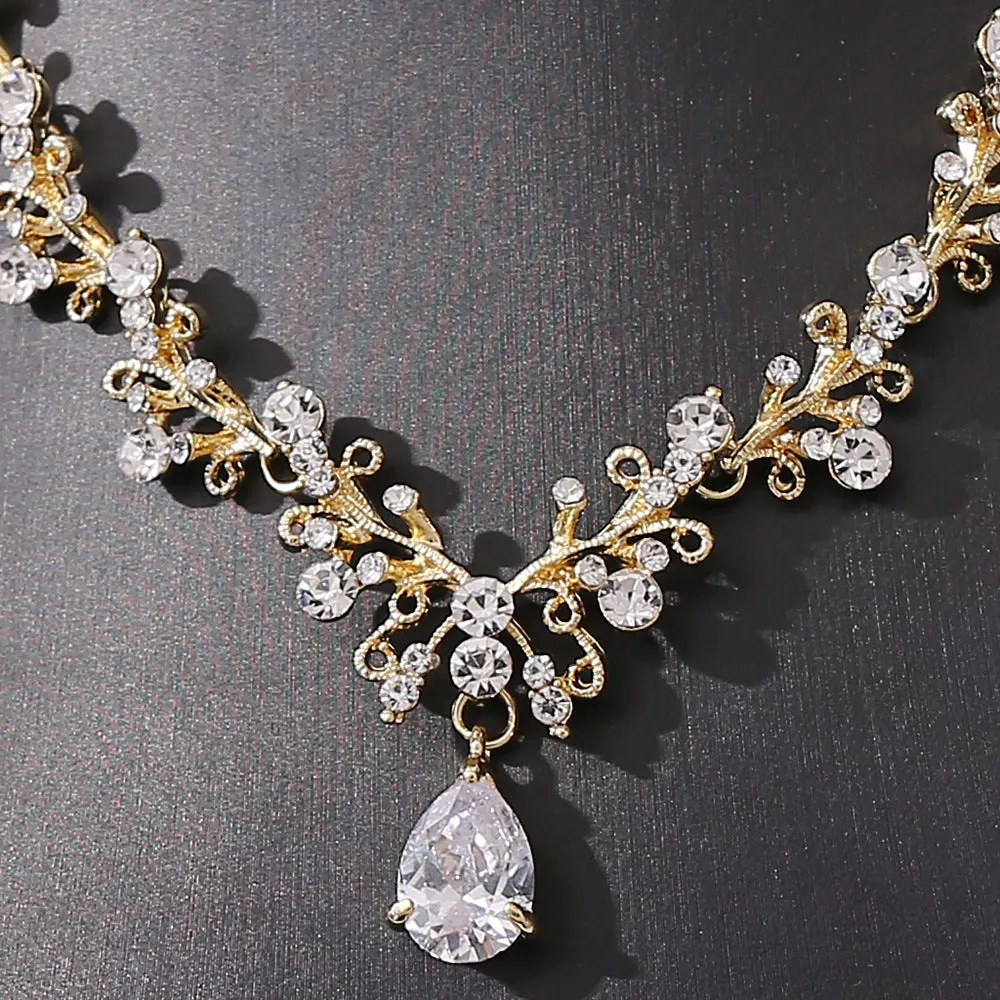 Bridal rhinestone zircon earring and necklace set in alloy, inlaid diamond finish, three colour options silver white gold white black