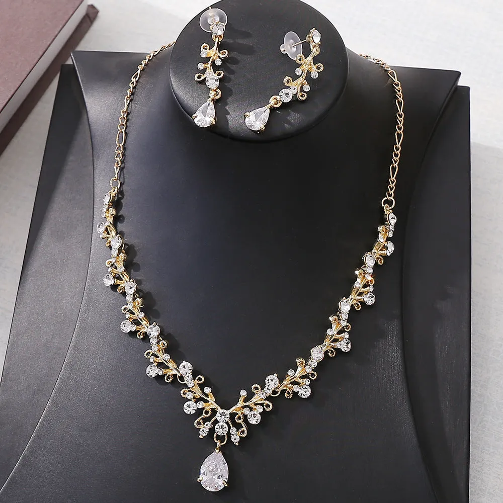 Bridal rhinestone zircon earring and necklace set in alloy, inlaid diamond finish, three colour options silver white gold white black
