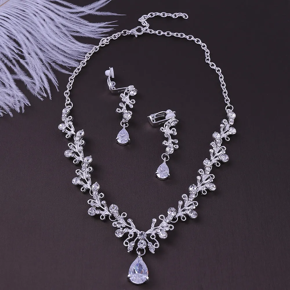 Bridal rhinestone zircon earring and necklace set in alloy, inlaid diamond finish, three colour options silver white gold white black