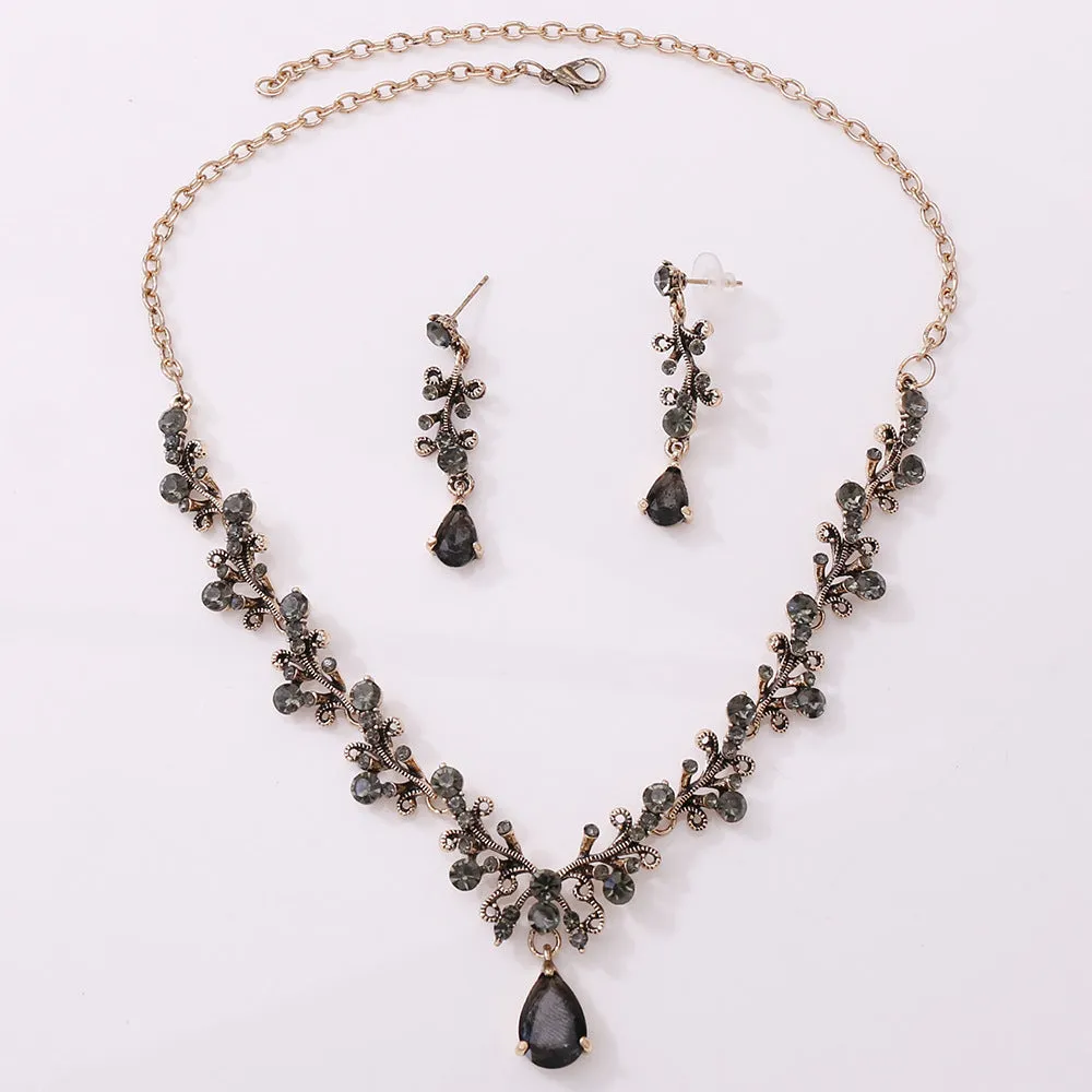 Bridal rhinestone zircon earring and necklace set in alloy, inlaid diamond finish, three colour options silver white gold white black