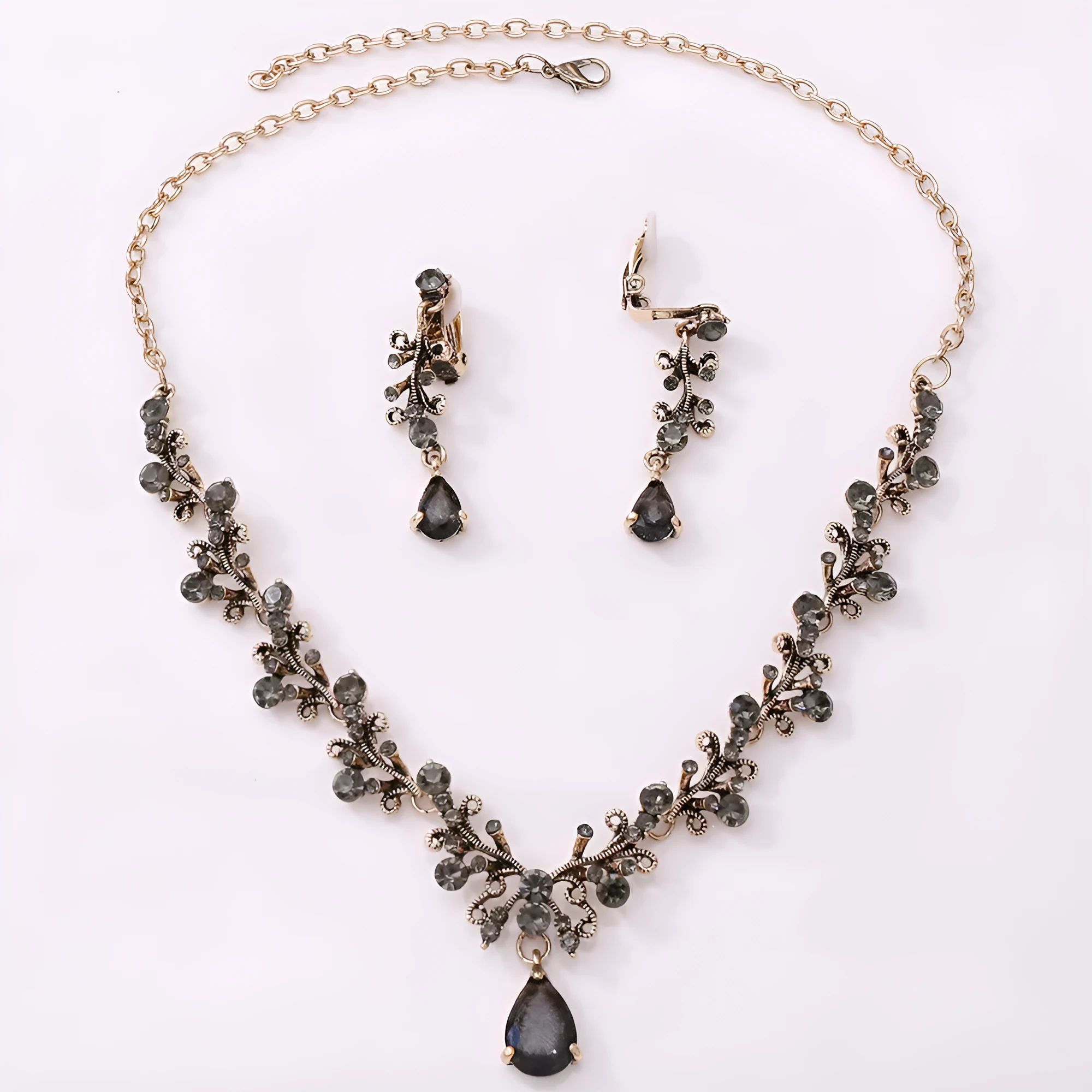 Bridal rhinestone zircon earring and necklace set in alloy, inlaid diamond finish, three colour options silver white gold white black