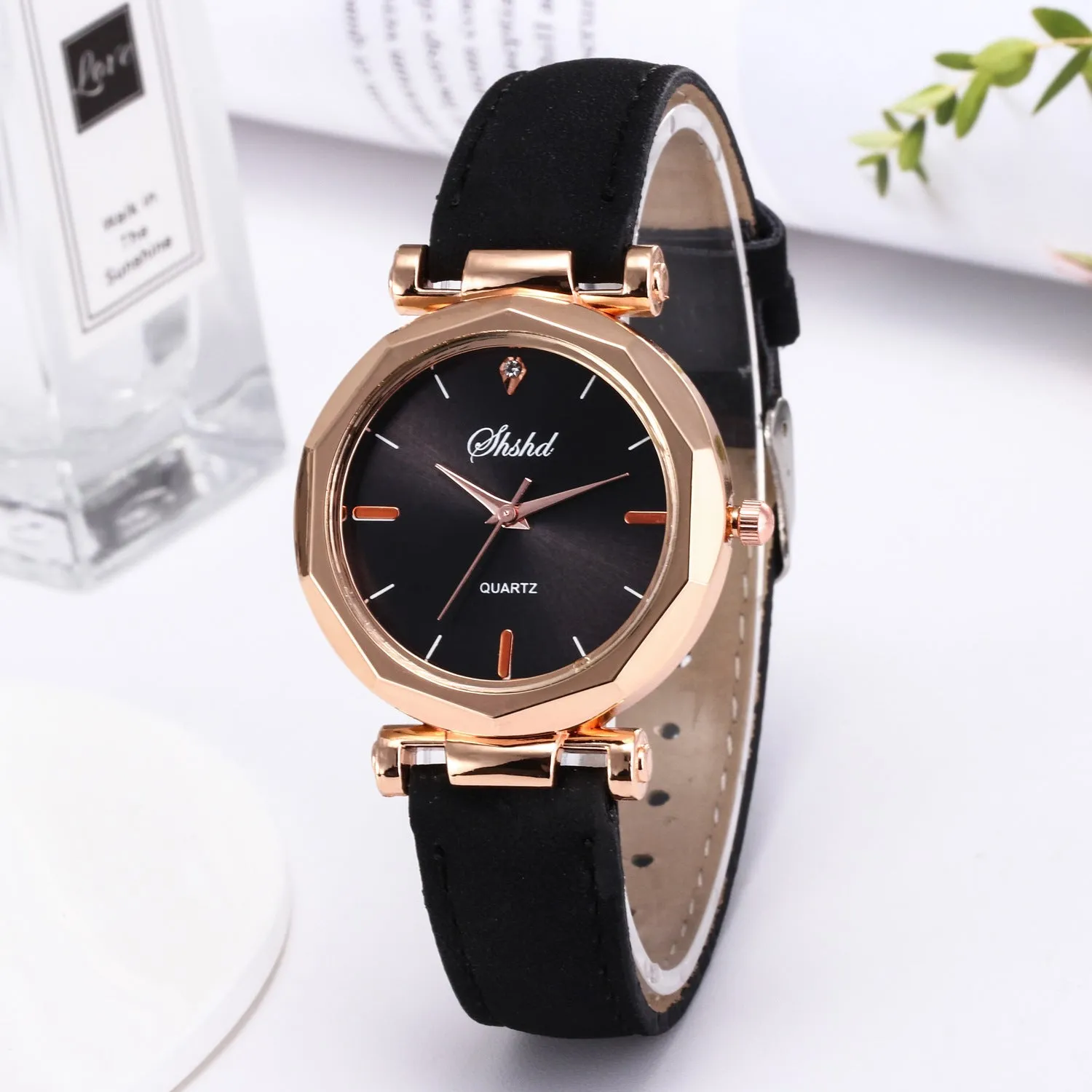 New ladies casual watch with round plastic case, PU strap, and pointer display in multiple colours