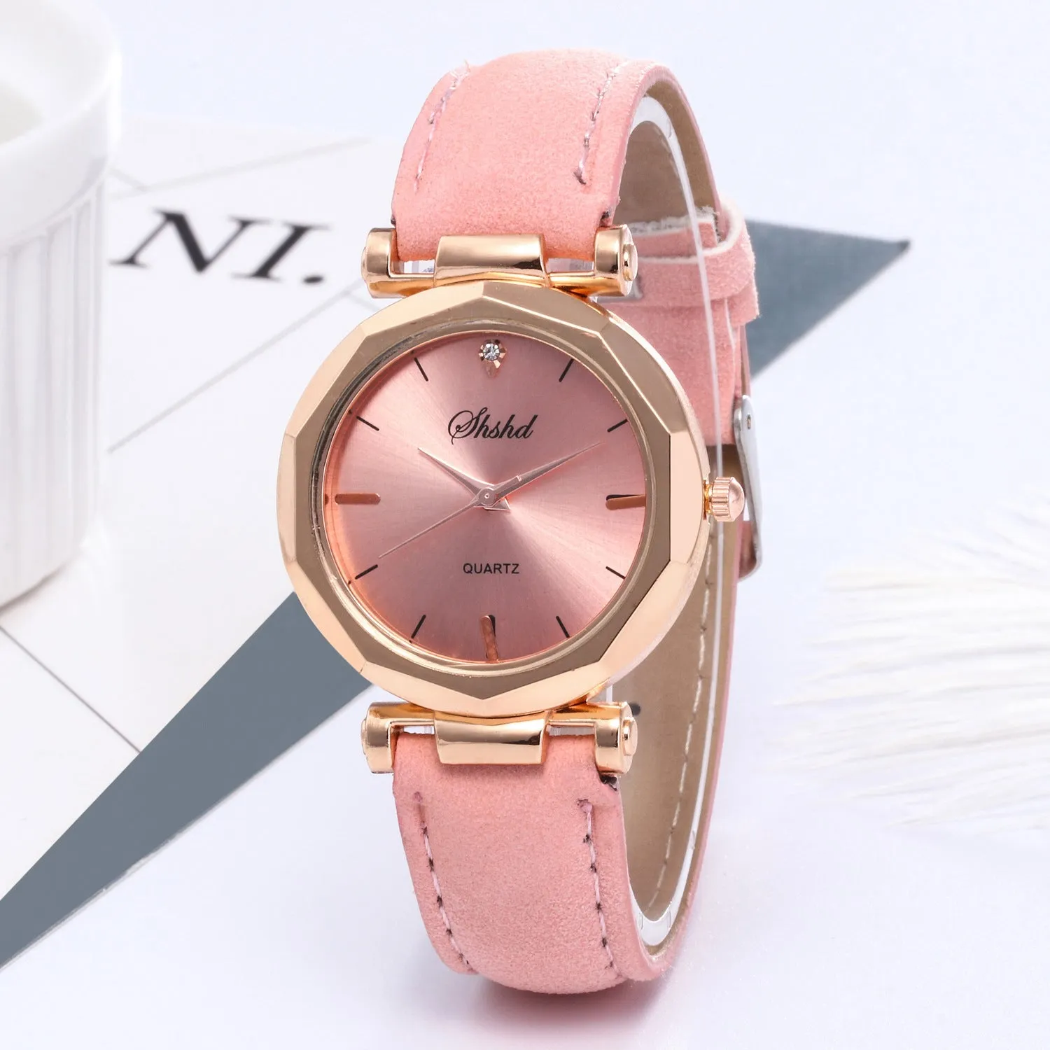 New ladies casual watch with round plastic case, PU strap, and pointer display in multiple colours