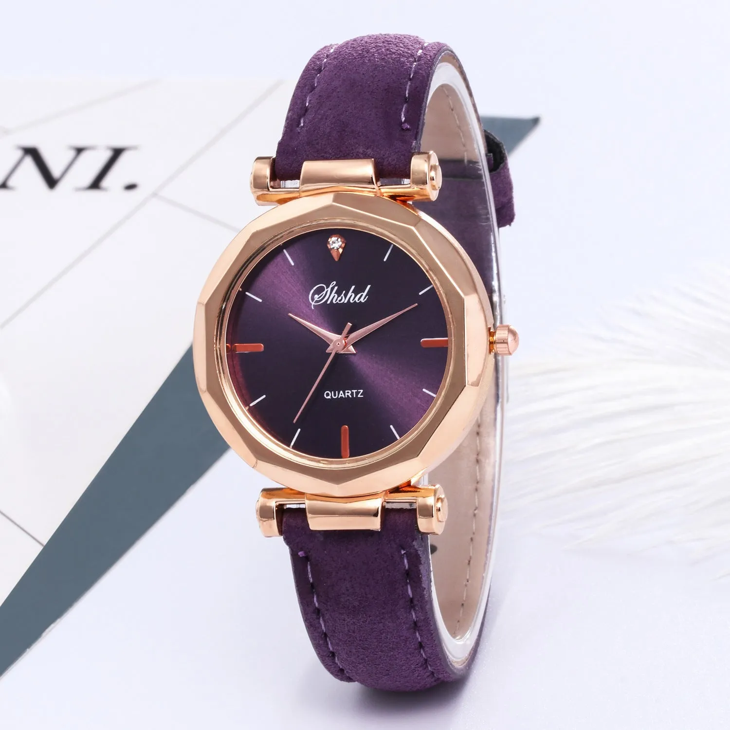 New ladies casual watch with round plastic case, PU strap, and pointer display in multiple colours