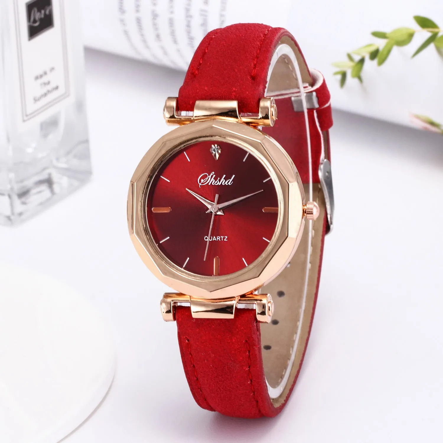 New ladies casual watch with round plastic case, PU strap, and pointer display in multiple colours