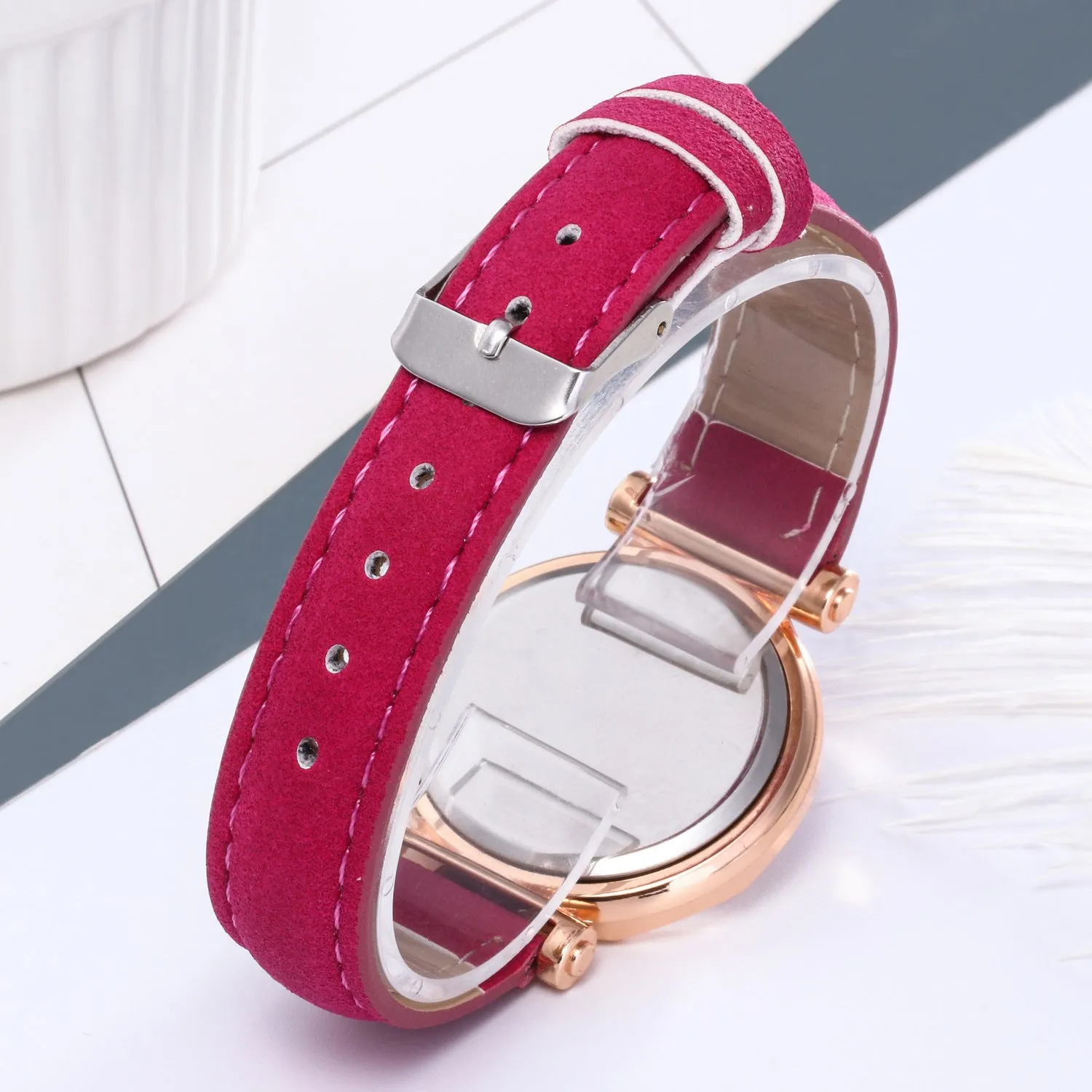 New ladies casual watch with round plastic case, PU strap, and pointer display in multiple colours