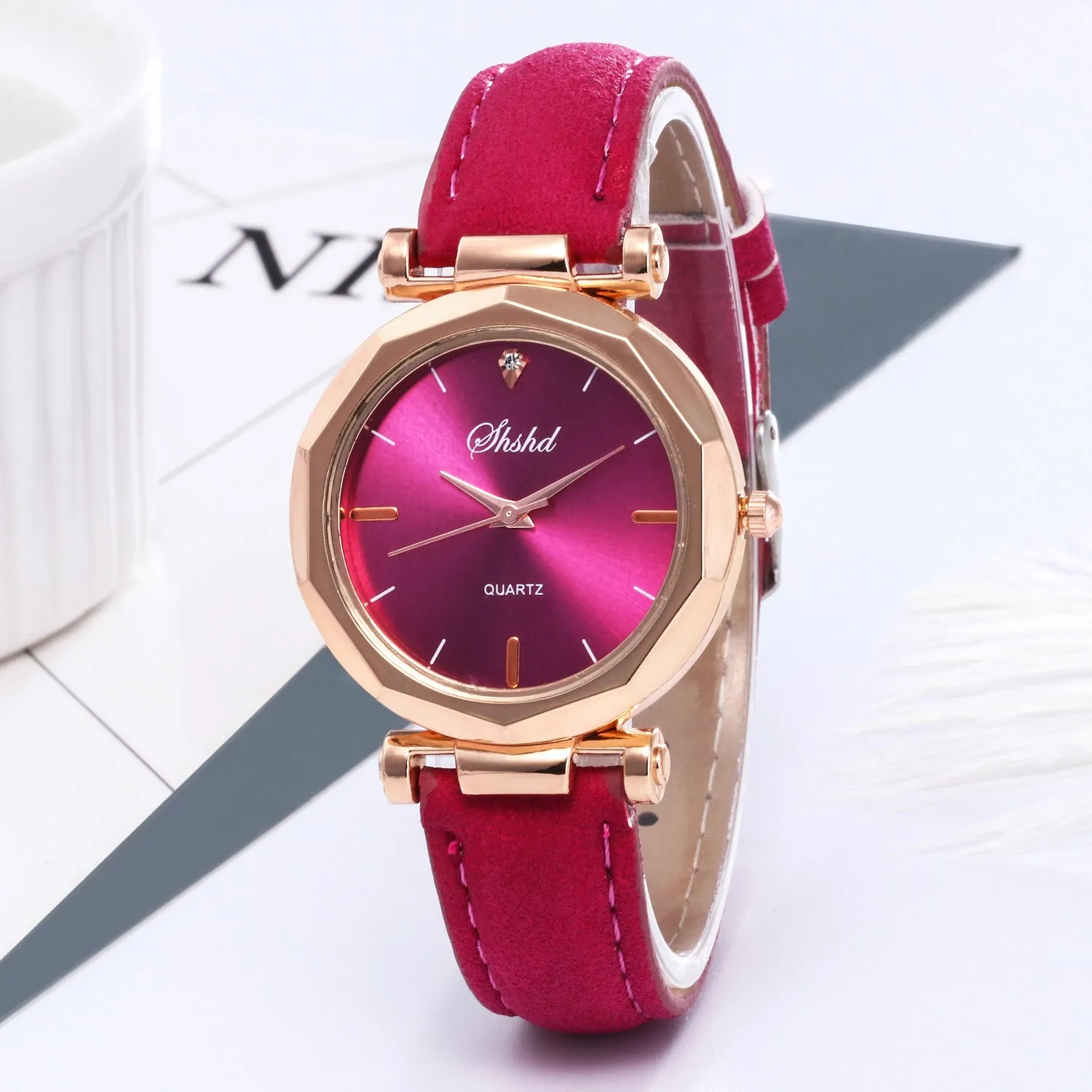 New ladies casual watch with round plastic case, PU strap, and pointer display in multiple colours