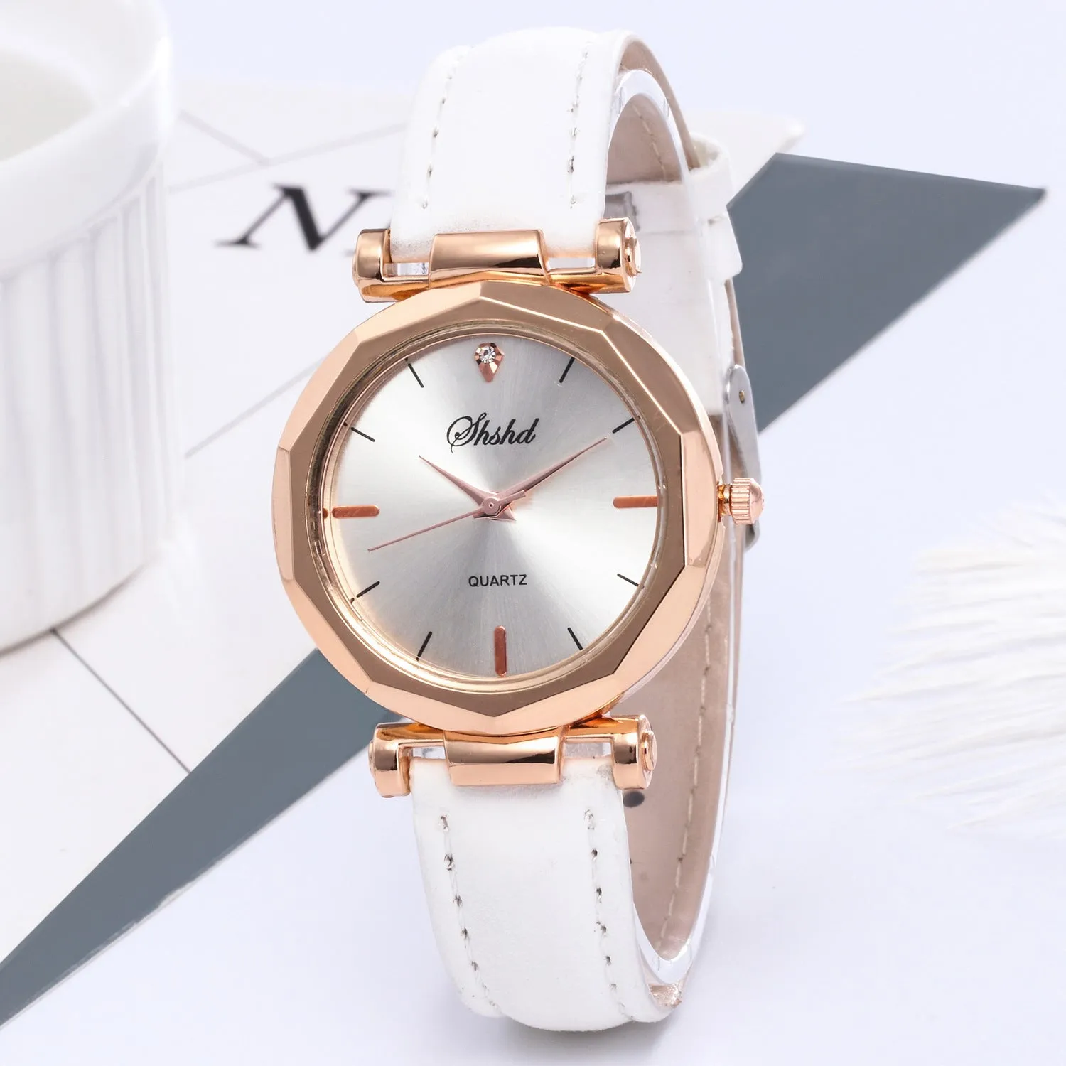 New ladies casual watch with round plastic case, PU strap, and pointer display in multiple colours