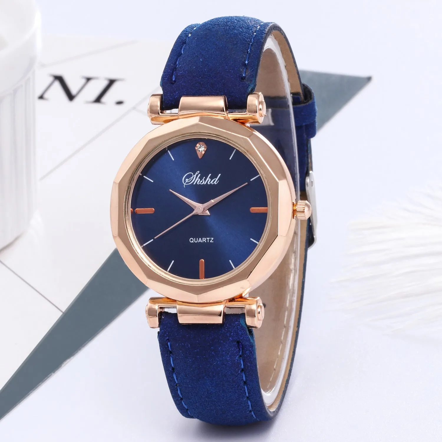 New ladies casual watch with round plastic case, PU strap, and pointer display in multiple colours