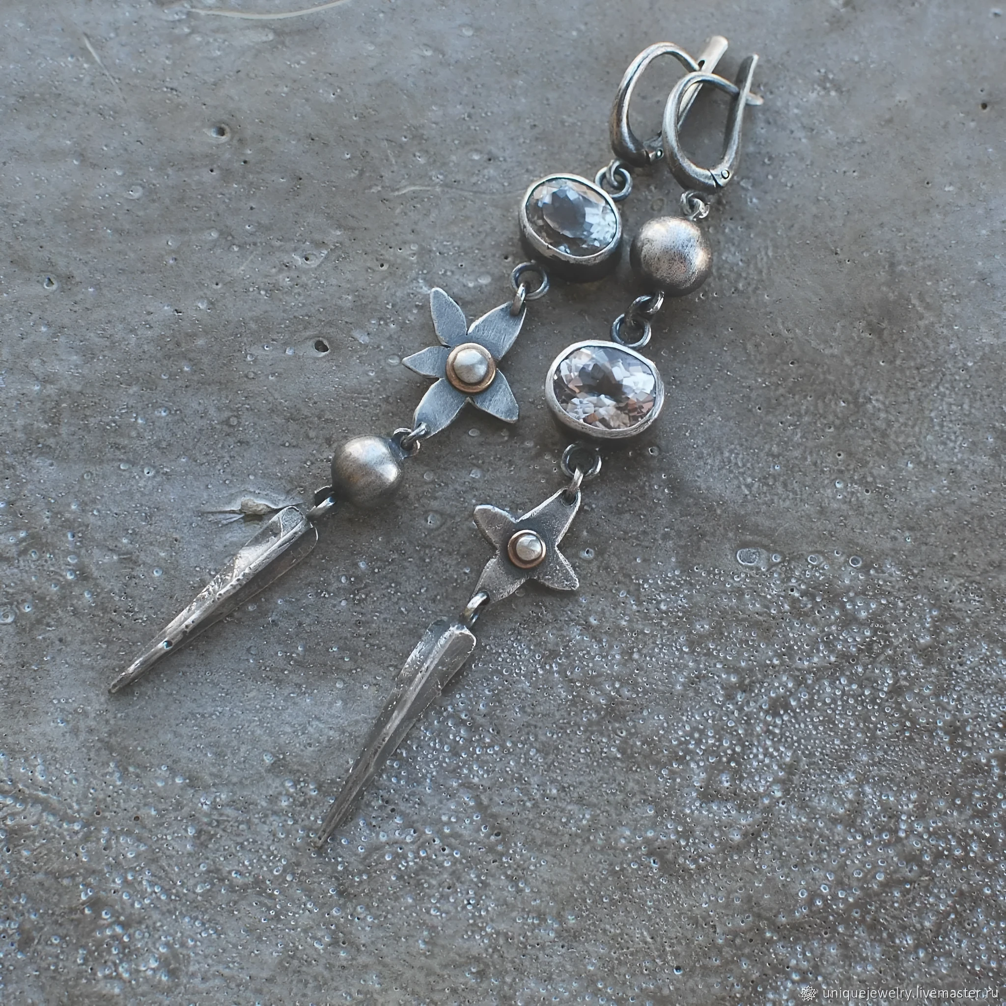 Geometric antique silver plated long pendant earrings with XINGX design and rhinestone detailing