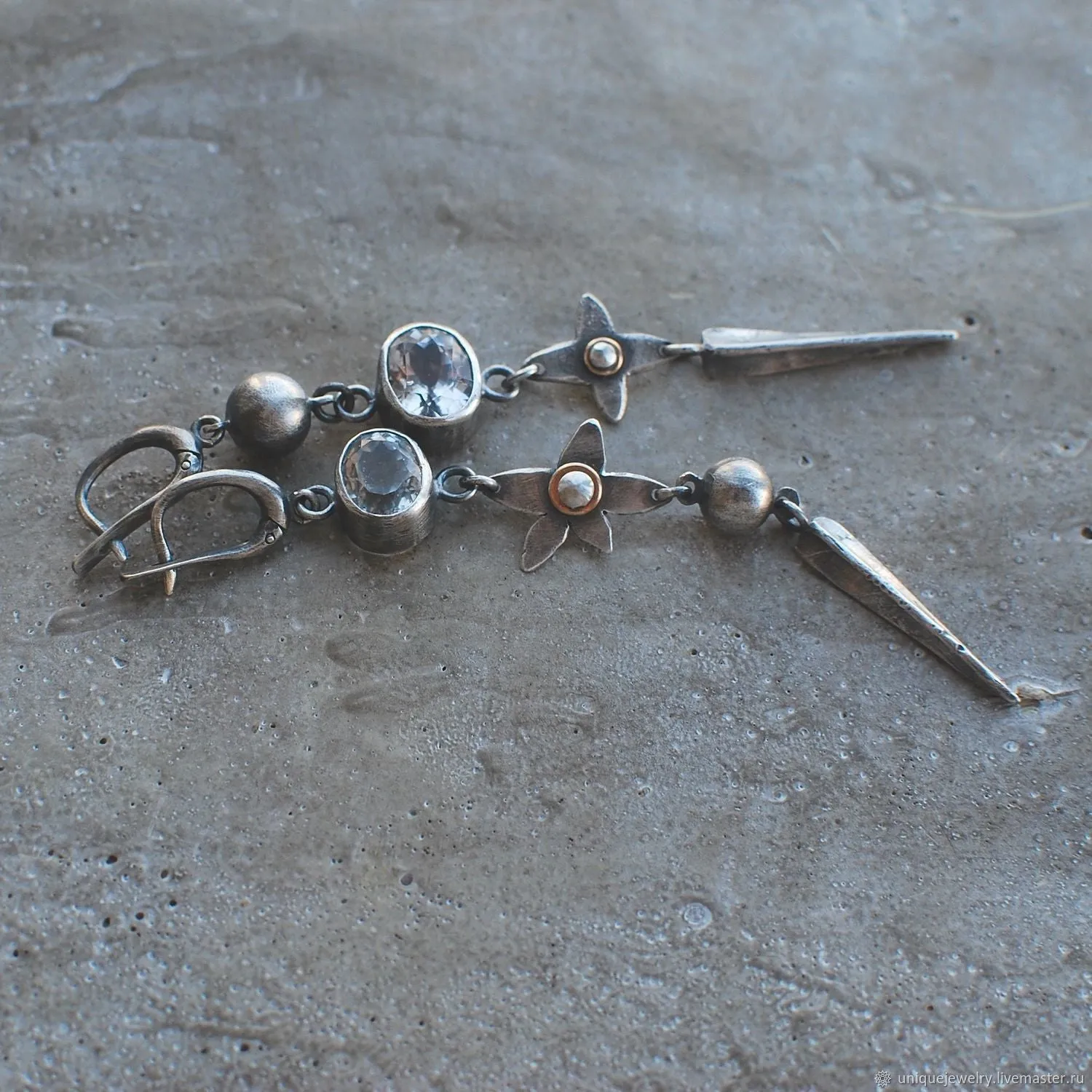 Geometric antique silver plated long pendant earrings with XINGX design and rhinestone detailing