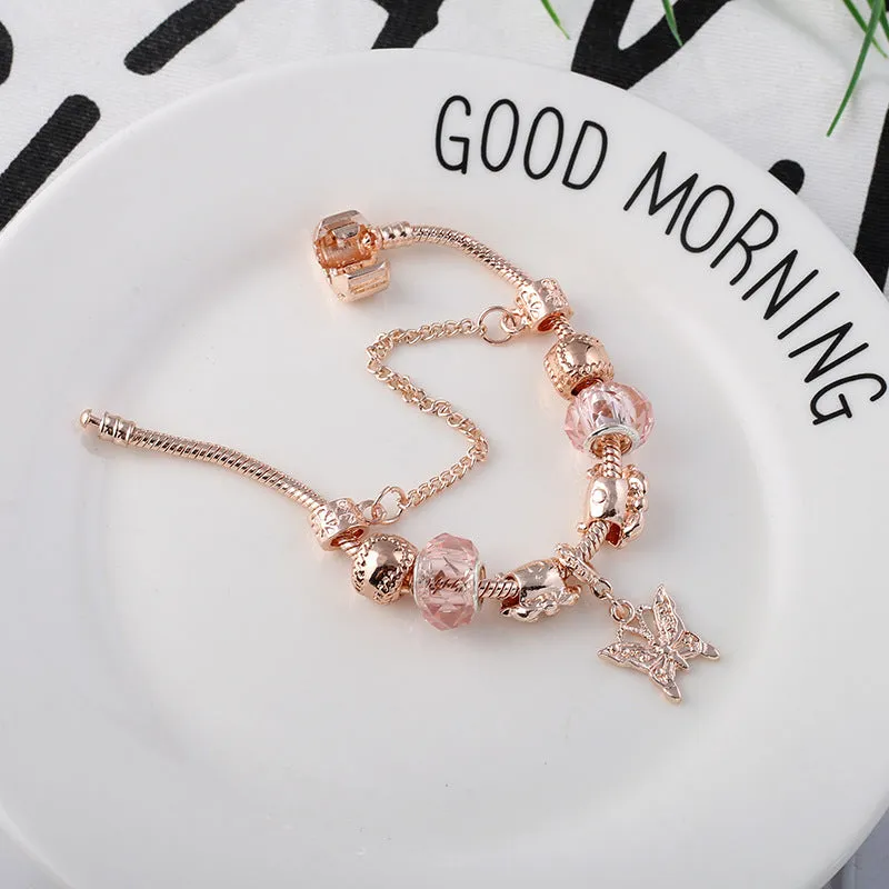 Rose gold geometric love bracelet on display with alloy plating finish