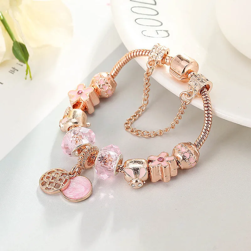 Rose gold geometric love bracelet on display with alloy plating finish