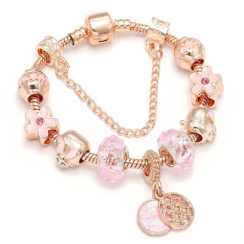 Rose gold geometric love bracelet on display with alloy plating finish