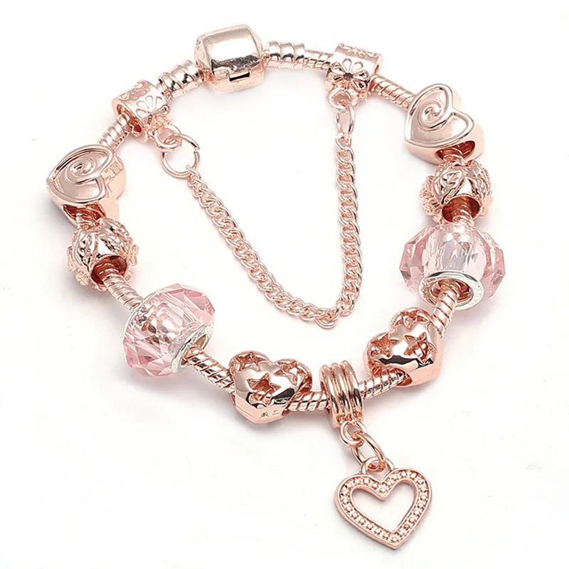 Rose gold geometric love bracelet on display with alloy plating finish