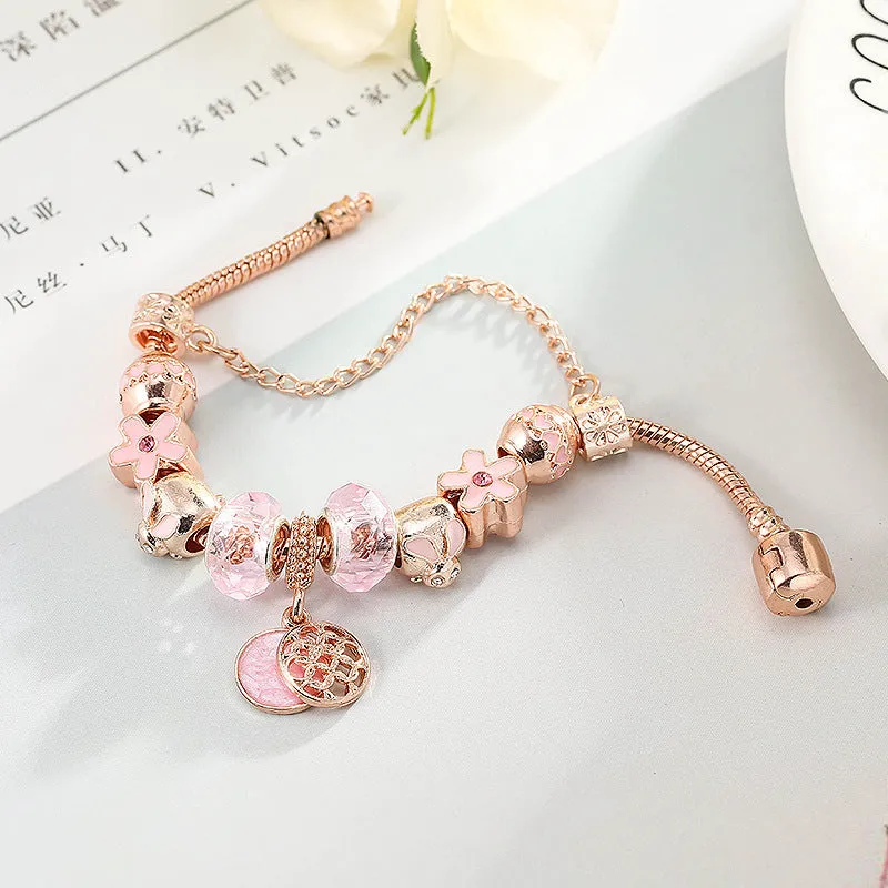 Rose gold geometric love bracelet on display with alloy plating finish