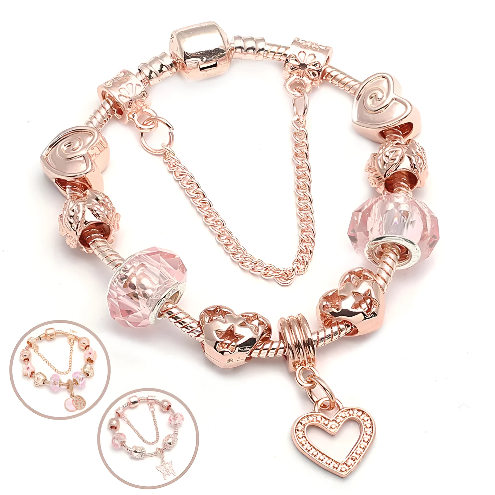Rose gold geometric love bracelet on display with alloy plating finish