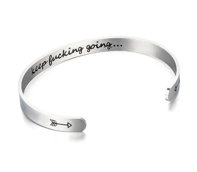 Titanium steel cuff bracelet with engraved inspirational quotes, 6mm width, vacuum-plated finish
