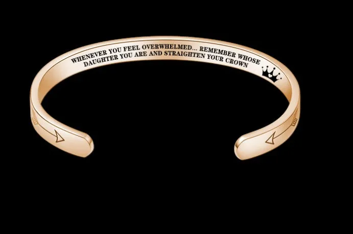 Titanium steel cuff bracelet with engraved inspirational quotes, 6mm width, vacuum-plated finish