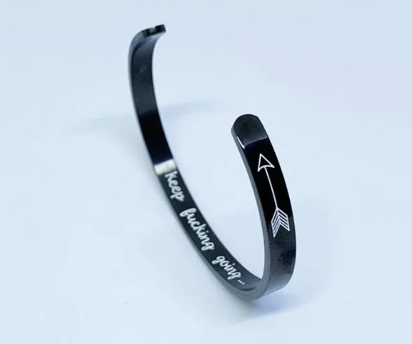 Titanium steel cuff bracelet with engraved inspirational quotes, 6mm width, vacuum-plated finish