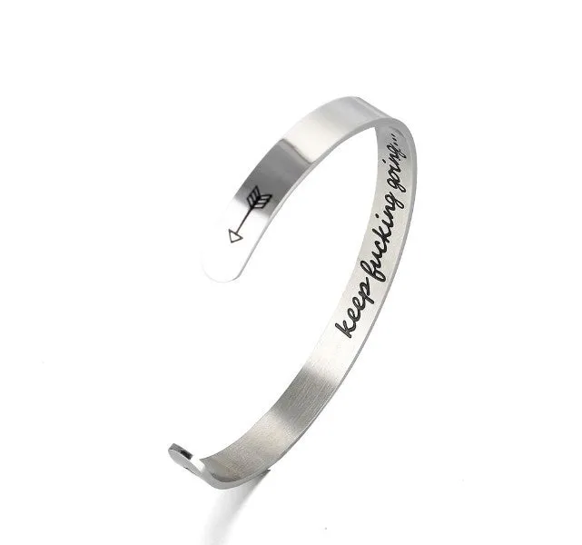 Titanium steel cuff bracelet with engraved inspirational quotes, 6mm width, vacuum-plated finish