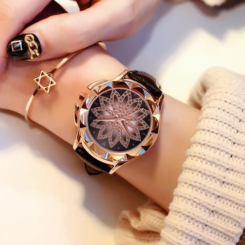 Ladies quartz watch with rotating dial, 40mm alloy case, PU leather strap, and pin buckle closure