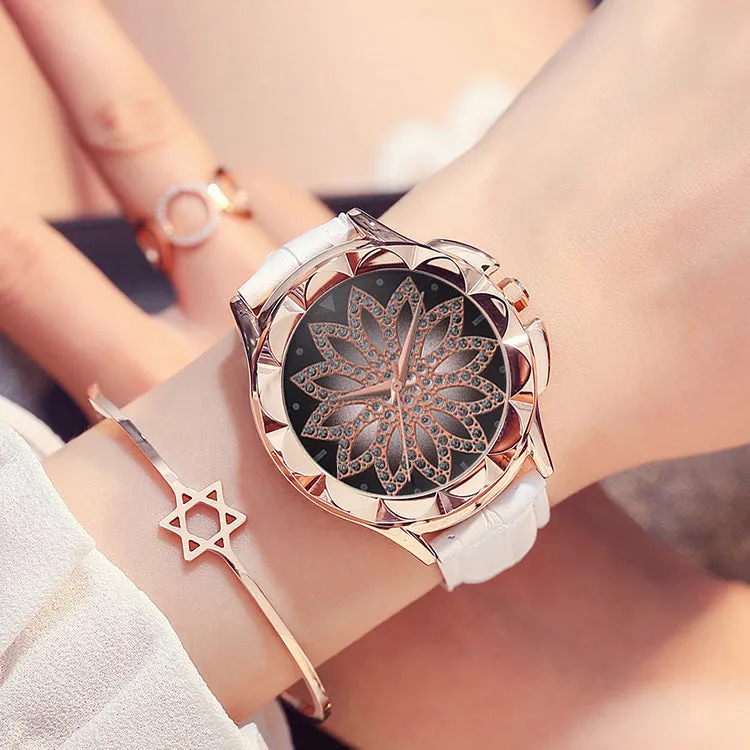 Ladies quartz watch with rotating dial, 40mm alloy case, PU leather strap, and pin buckle closure