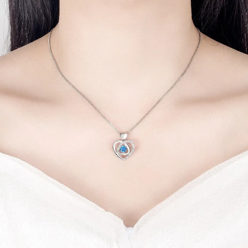 Blue beating heart necklace and bracelet set with mixed gem inlay on electroplated copper