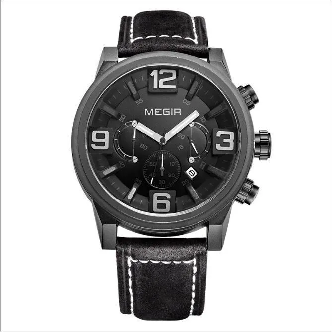 Men's quartz sports watch with three-eye luminous dial, 48.5mm alloy case, mineral glass, and brown-black leather strap