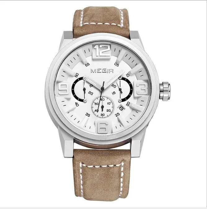 Men's quartz sports watch with three-eye luminous dial, 48.5mm alloy case, mineral glass, and brown-black leather strap