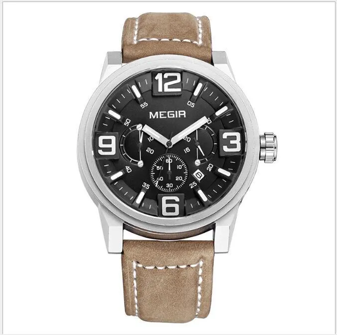 Men's quartz sports watch with three-eye luminous dial, 48.5mm alloy case, mineral glass, and brown-black leather strap