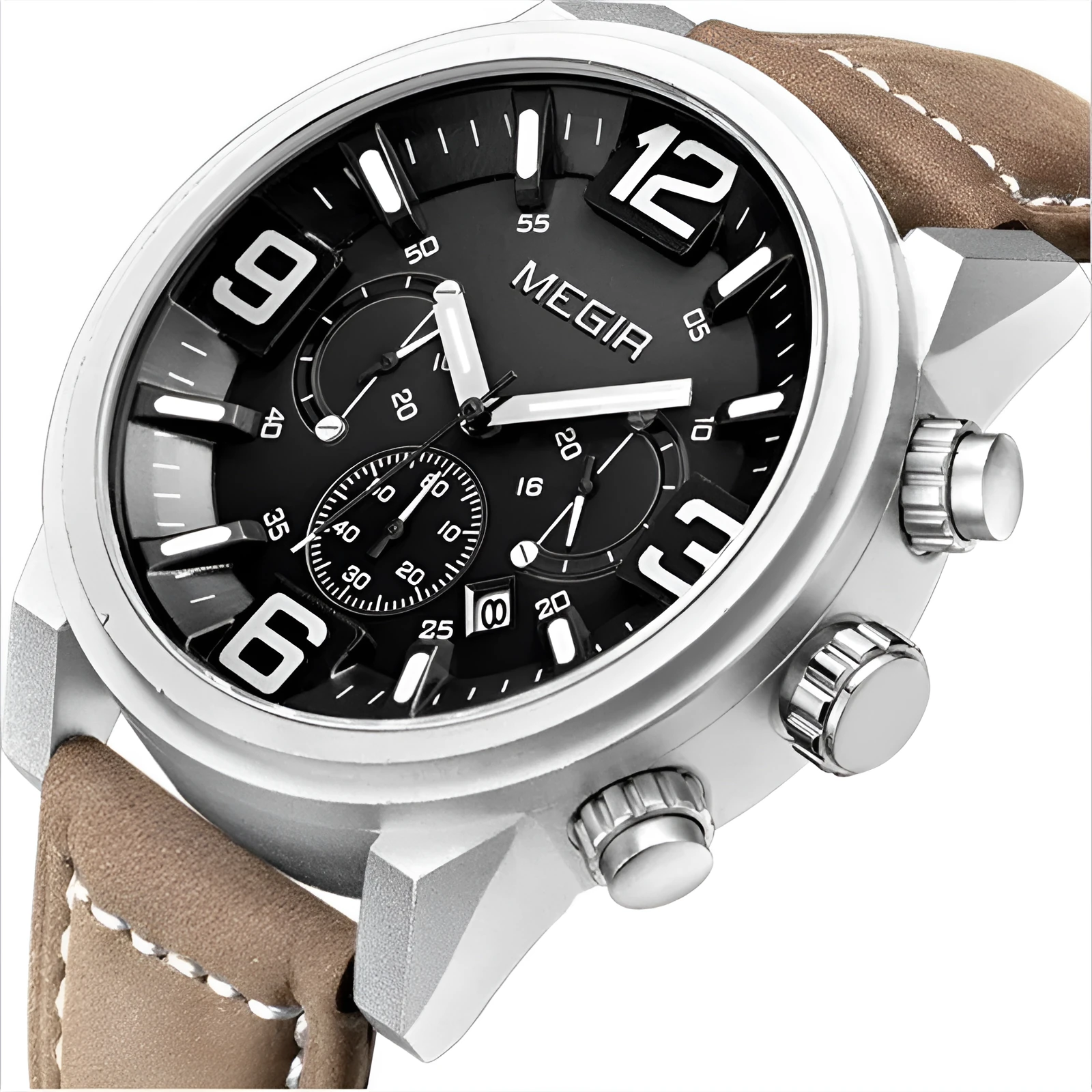 Men's quartz sports watch with three-eye luminous dial, 48.5mm alloy case, mineral glass, and brown-black leather strap