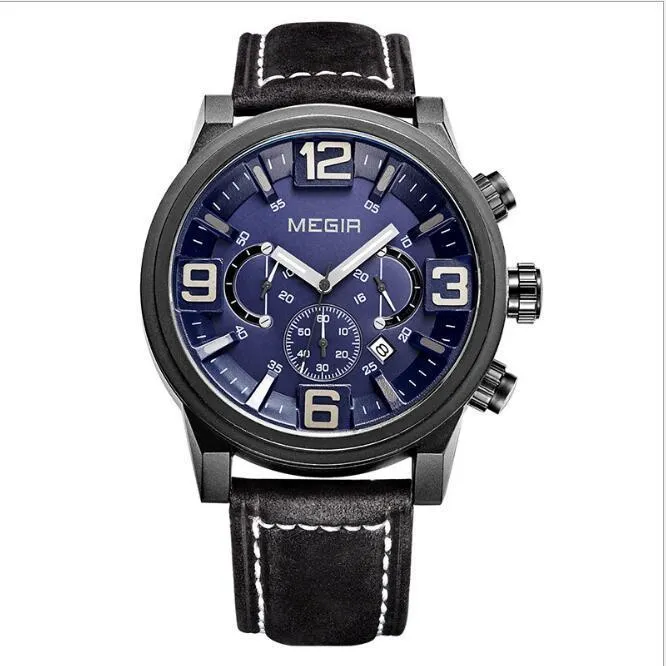 Men's quartz sports watch with three-eye luminous dial, 48.5mm alloy case, mineral glass, and brown-black leather strap