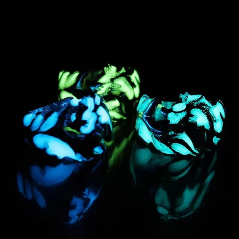 Chinese style luminous dragon pattern adjustable ring in archaism silver blue and green