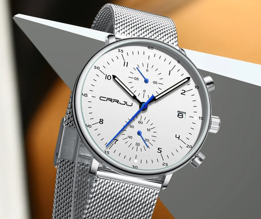 Men's sports chronograph watch with alloy case, stainless steel strap, and IP blue plating