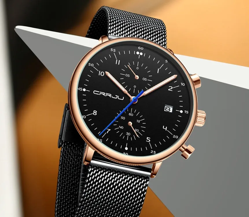 Men's sports chronograph watch with alloy case, stainless steel strap, and IP blue plating