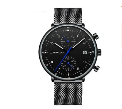 Men's sports chronograph watch with alloy case, stainless steel strap, and IP blue plating