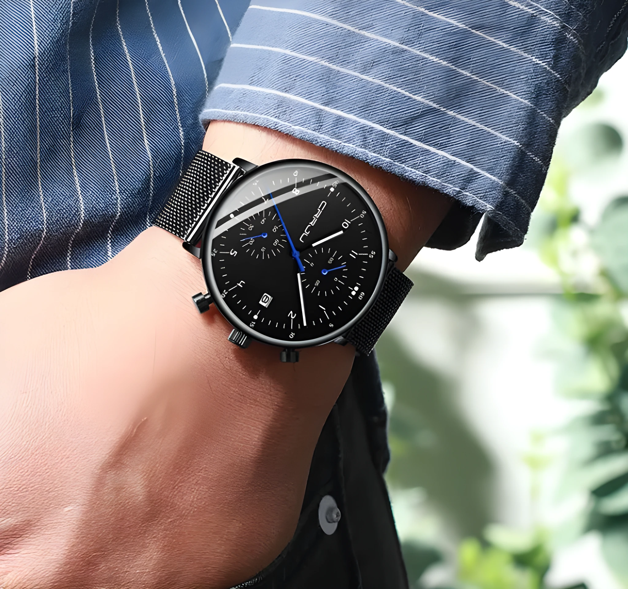 Men's sports chronograph watch with alloy case, stainless steel strap, and IP blue plating