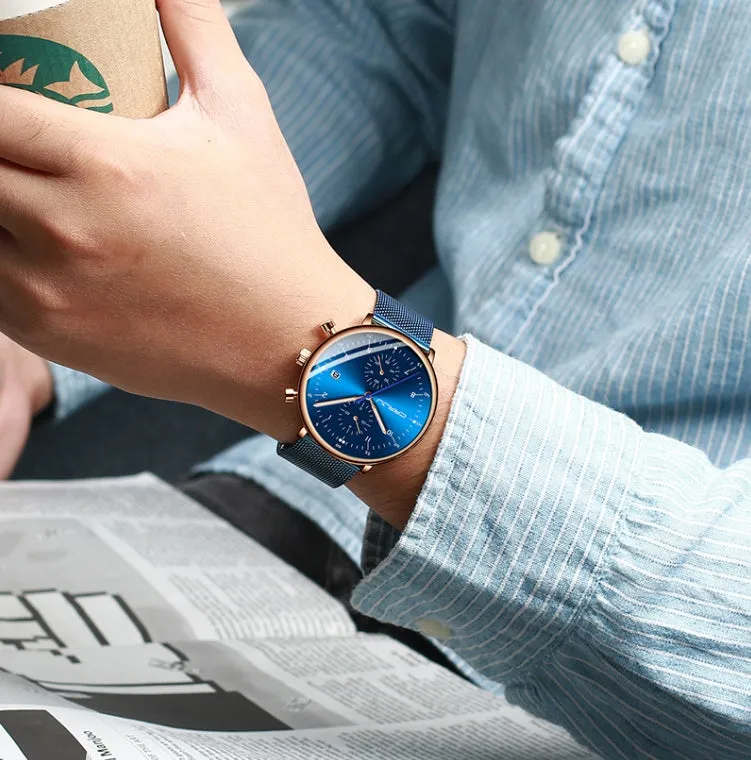Men's sports chronograph watch with alloy case, stainless steel strap, and IP blue plating