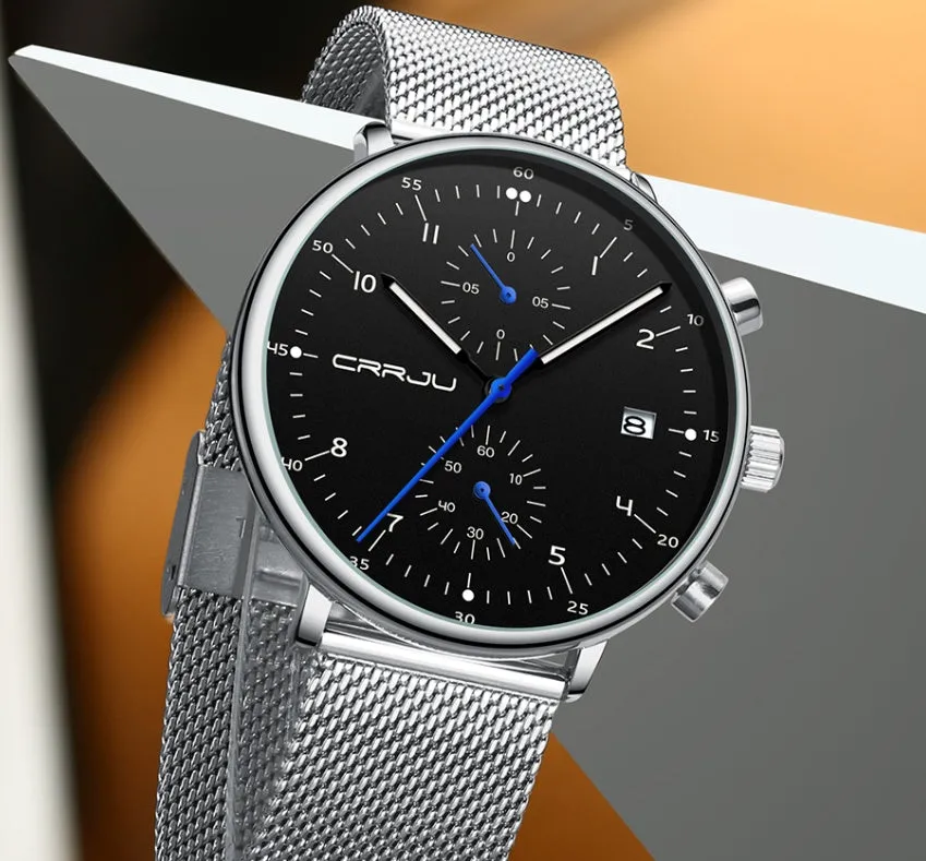 Men's sports chronograph watch with alloy case, stainless steel strap, and IP blue plating