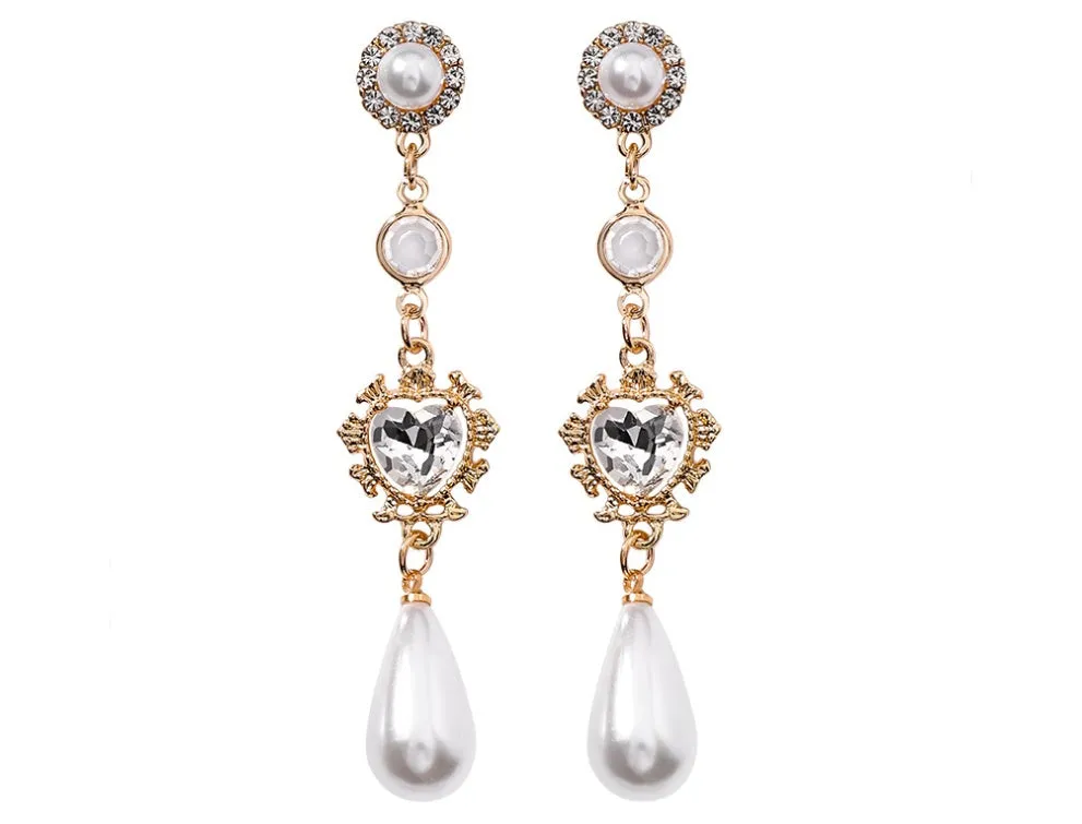 Gold pearl drop earrings with heart-shaped alloy frame and single pearl pendant on gold-tone finish